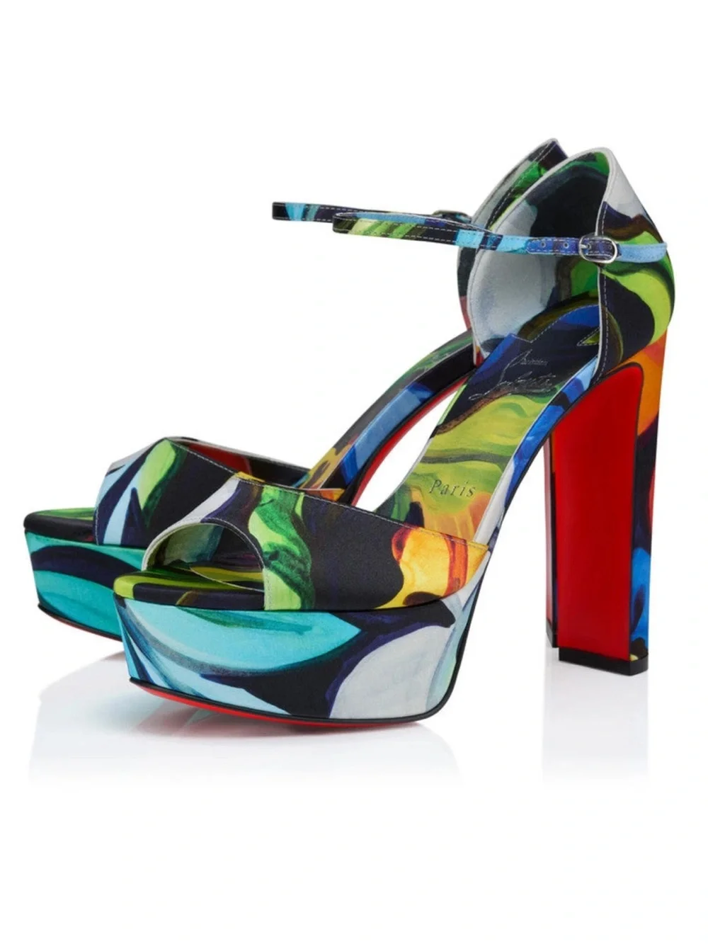 CHRISTIAN LOUBOUTIN SANDALOO BLACK MULTICOLOR SATIN LEATHER PLATFORM SANDAL SZ39